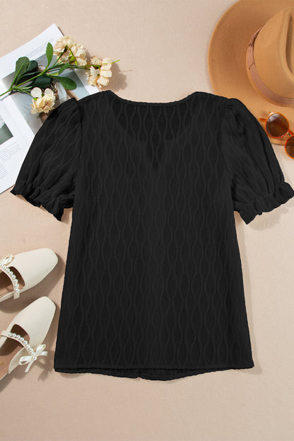 Solid Textured Notch Neck Puff Sleeve Blouse