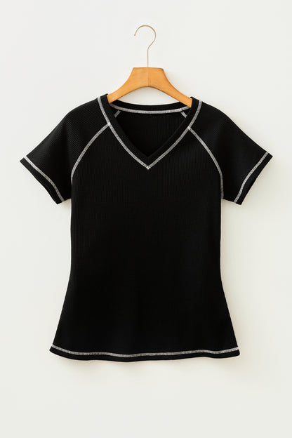 Waffle Textured Contrast Trim V-Neck Tee