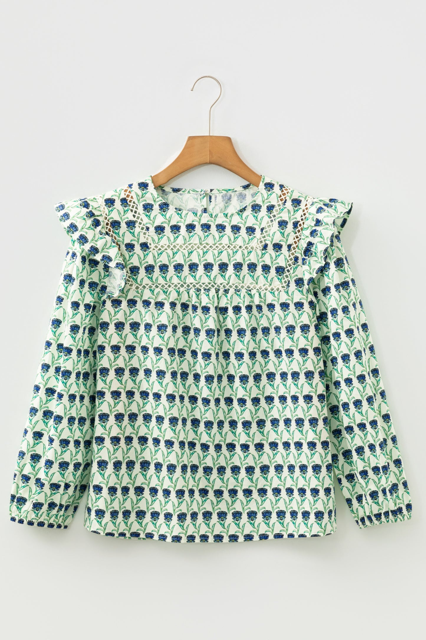 Floral Lace Trim Ruffle Long Sleeve Blouse