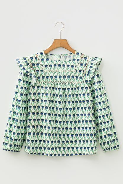 Floral Lace Trim Ruffle Long Sleeve Blouse