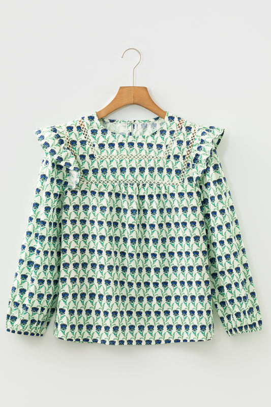 Floral Lace Trim Ruffle Long Sleeve Blouse