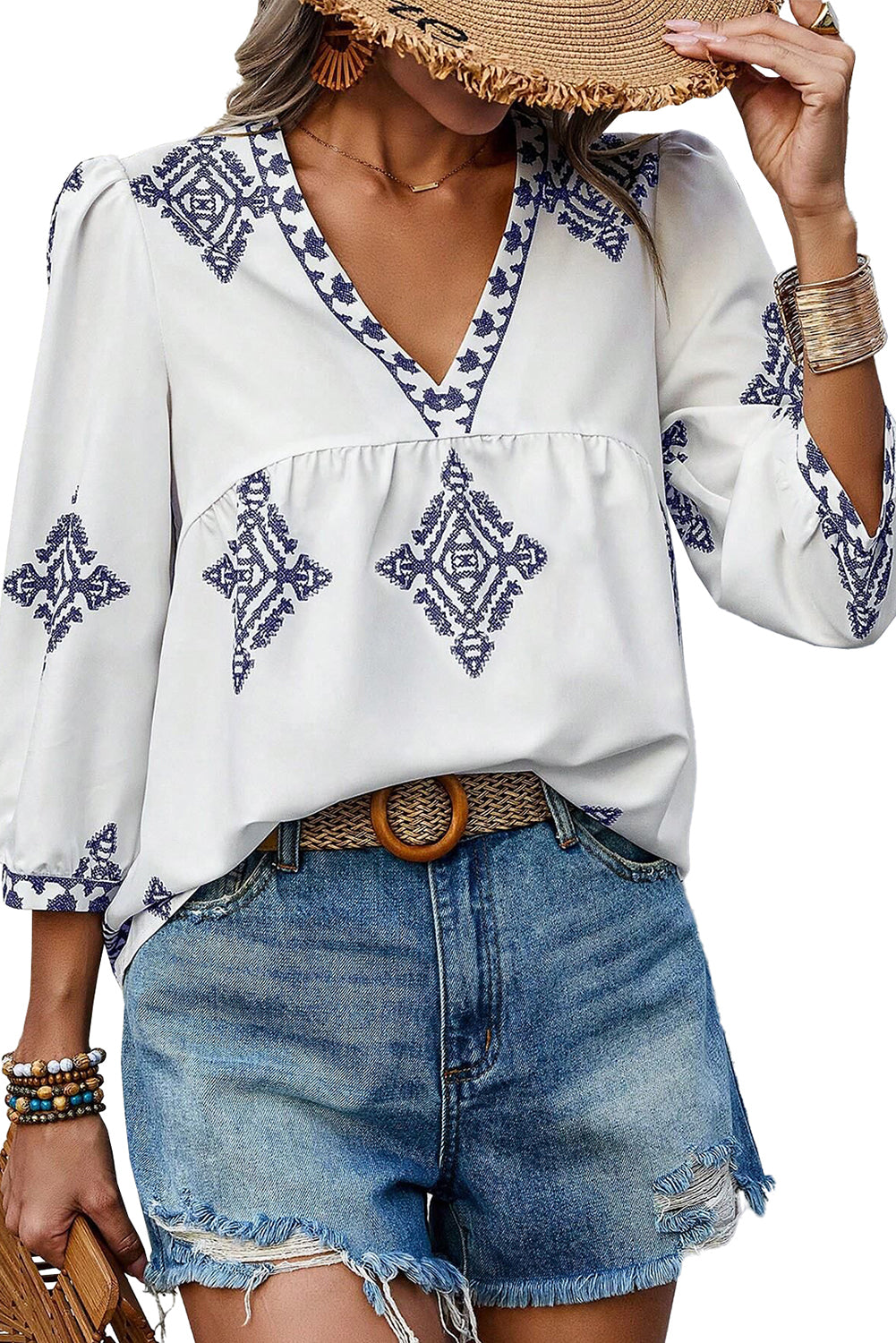 Boho Geometric 3/4 Sleeve V-Neck Blouse