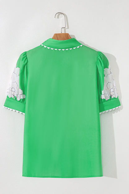 Floral Ricrac Trim Puff Sleeve Buttoned Shirt