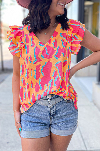 Abstract Flutter Sleeve V-Neck Blouse