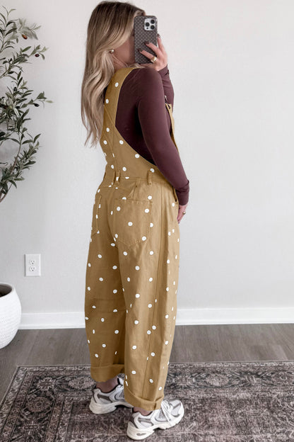 Polka Dot Denim Barrel Leg Overalls Jumpsuit