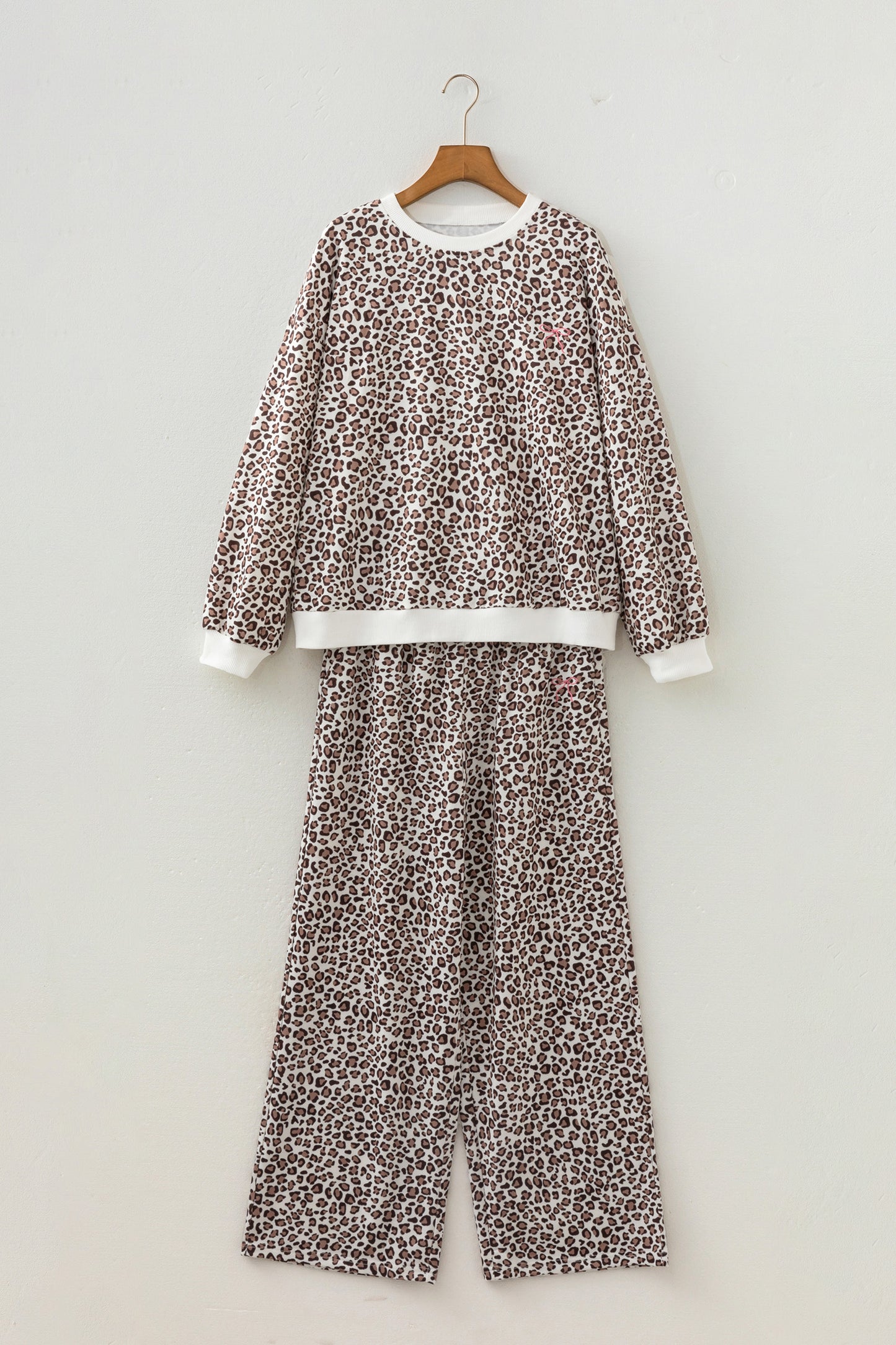 Leopard Bow Embroidered Colorblock Top & Pants Set