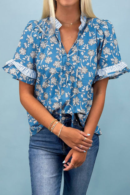 Floral Stripe Trim Tie-Neck Short Sleeve Blouse