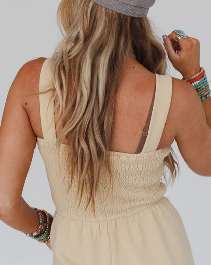 Smocked Button Front Sleeveless Romper