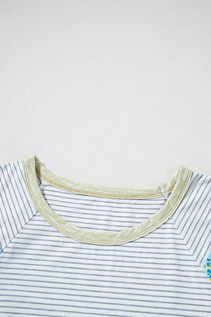 Floral Contrast Stripe Patchwork Raglan Sleeve Tee