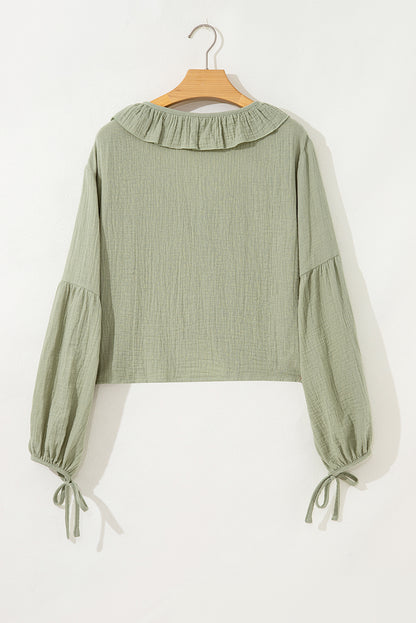 Solid Tie Front V-Neck Ruffle Trim Blouse