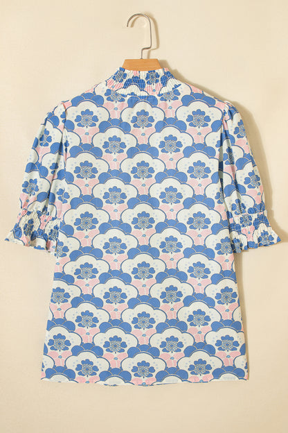 Floral V-Neck Flounced Short Sleeve Blouse