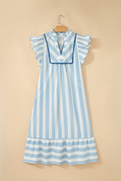 Stripe Lace Trim V-Neck Ruffle Midi Dress