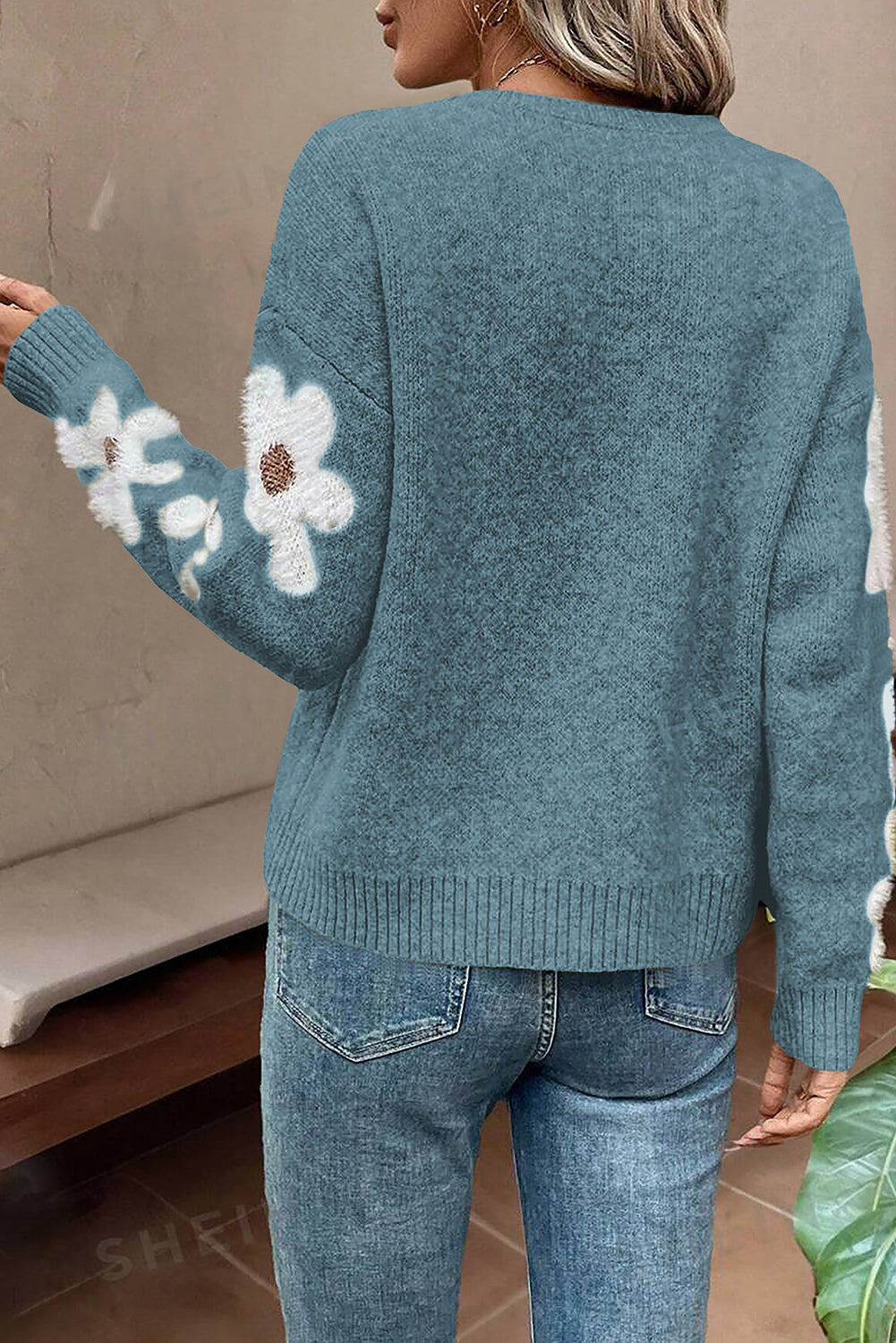 Floral Sleeve Drop Shoulder Sweater