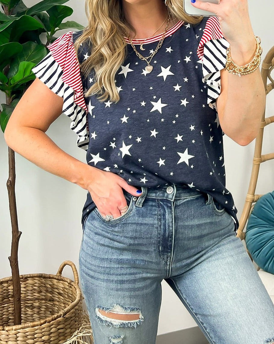 Stripe and Stars Ruffle Sleeve T-Shirt