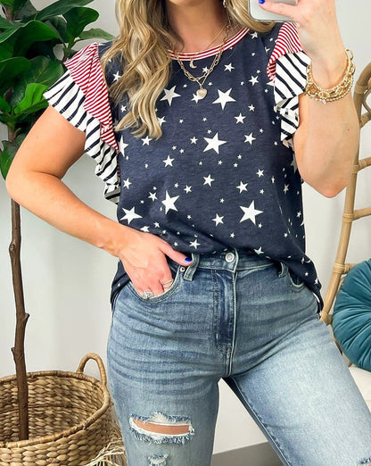 Stripe and Stars Ruffle Sleeve T-Shirt