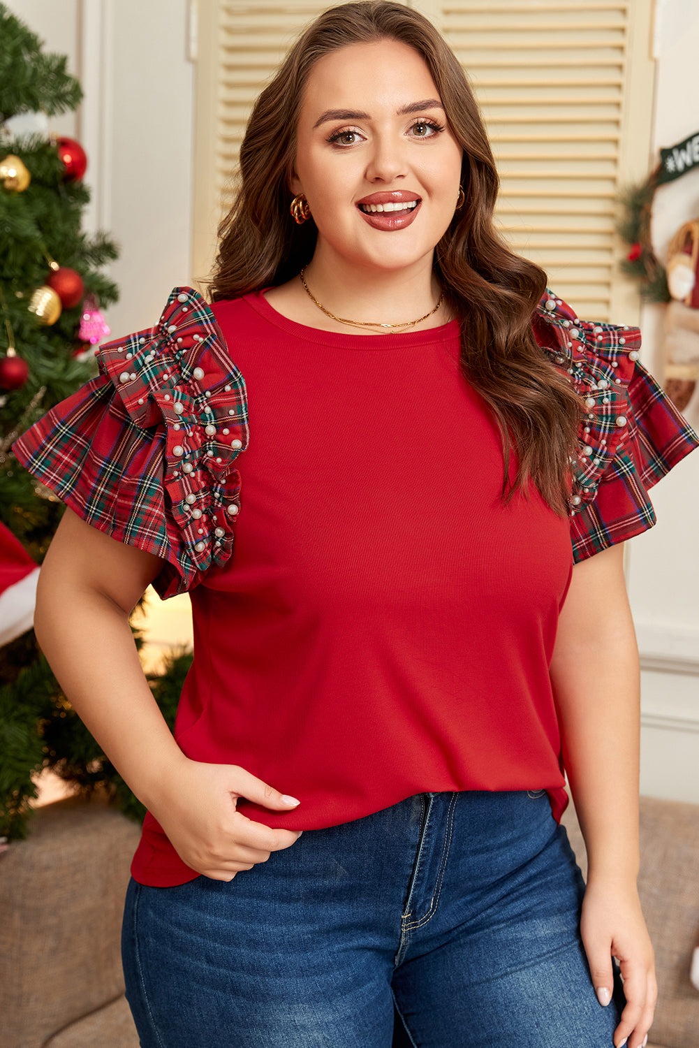 Plus Size Christmas Plaid Pearl Ruffle Sleeve Holiday T-shirt