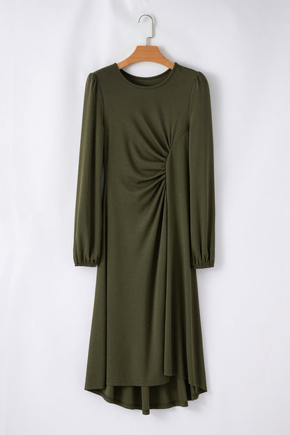 Solid Ruched Long Puff Sleeve Midi Dress