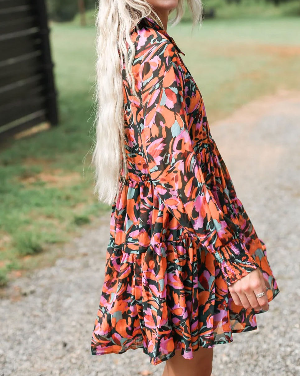 Abstract Floral Tassel Tie Dress