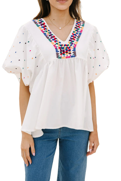 Geometric Puff Sleeve V-Neck Blouse