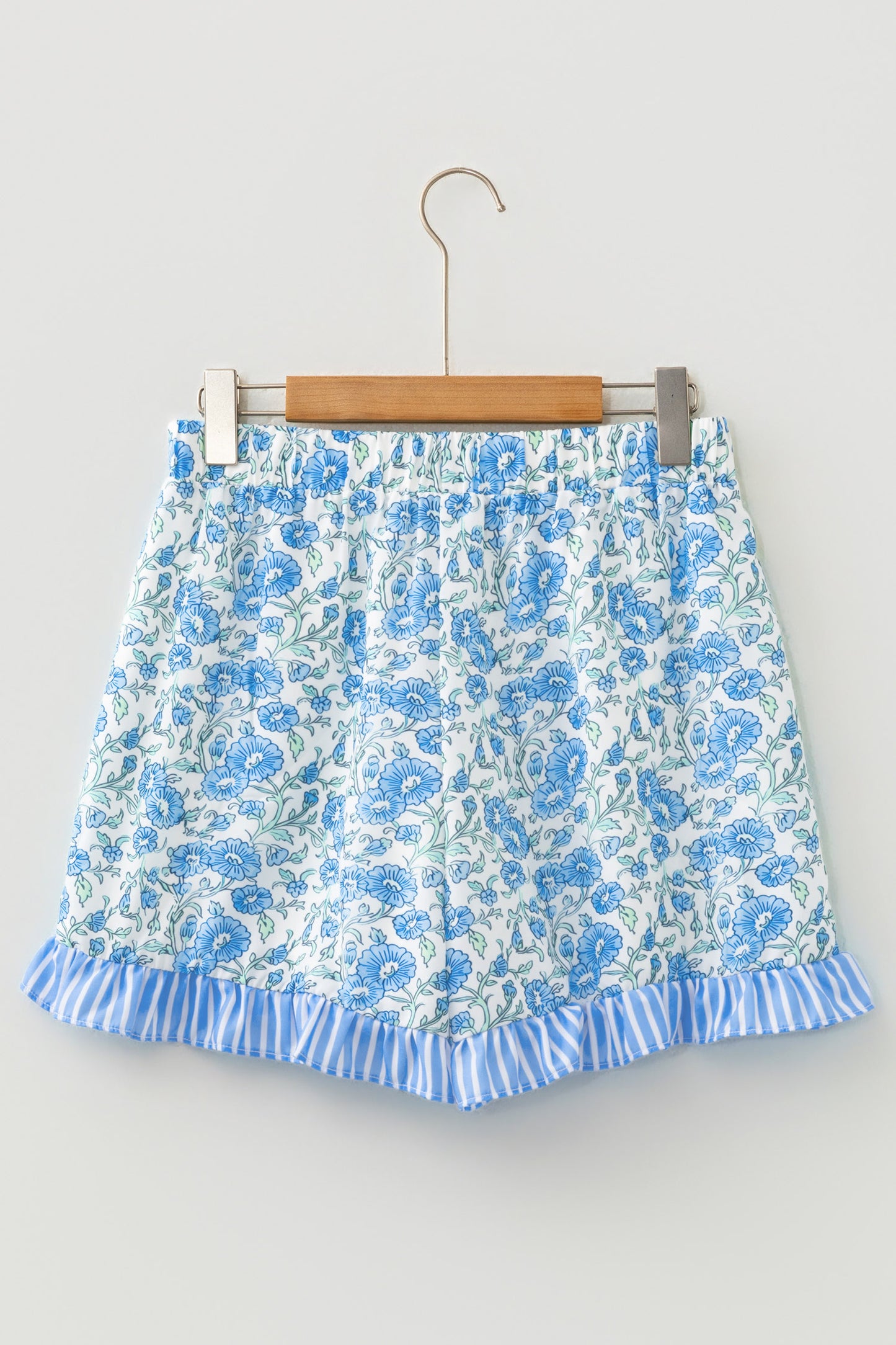 Floral Stripe Ruffle Hem Lace Tie Shorts