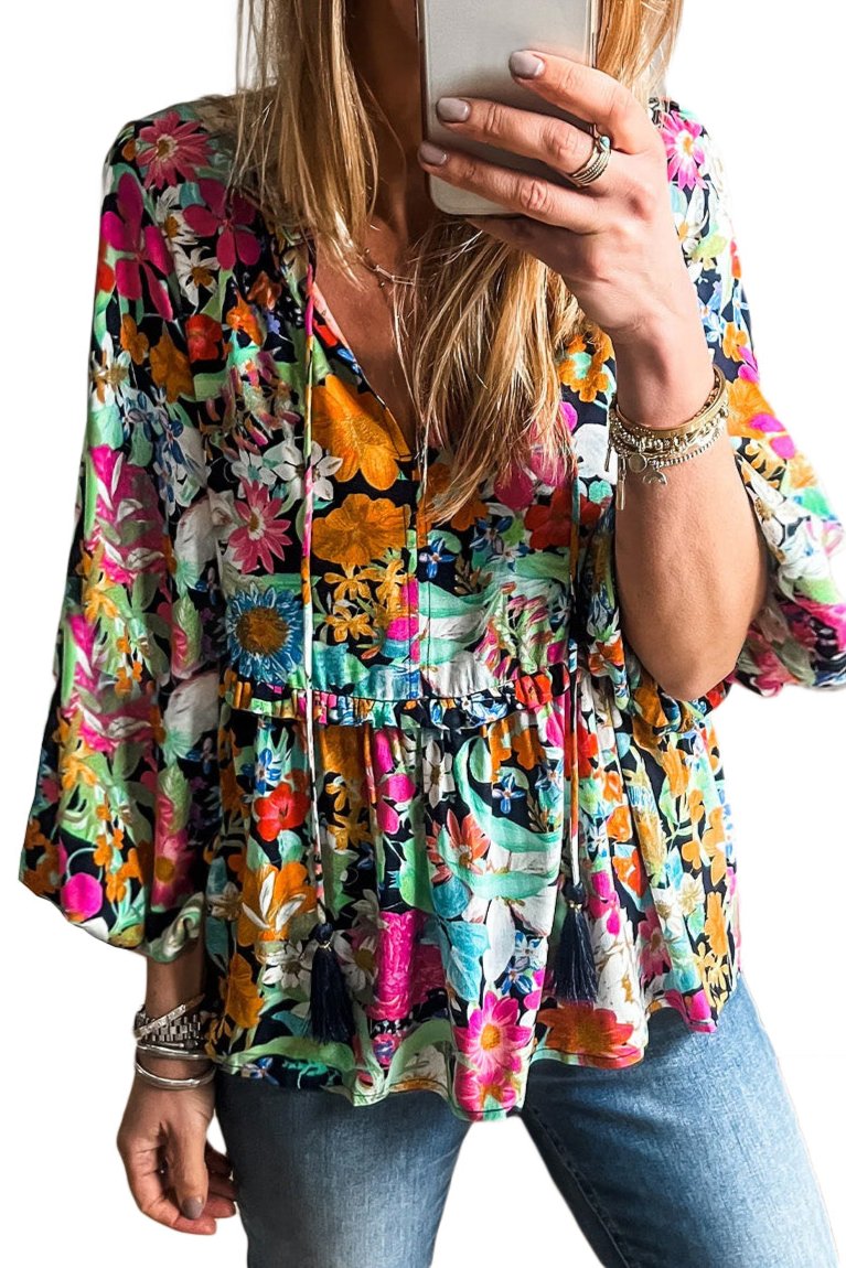 Floral Bubble Sleeve Ruffle Blouse