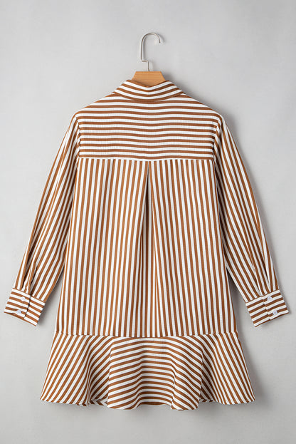 Stripe Ruffle Hem Collared Long Sleeve Shirt Mini Dress
