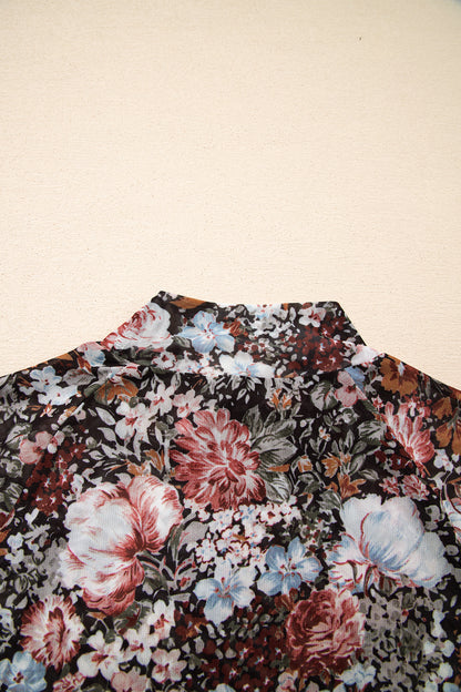 Floral Mesh Mock Neck Short Sleeve Top