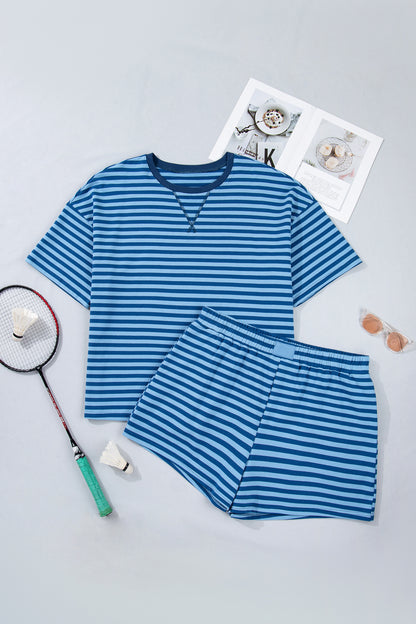 Plus Size Stripe Dropped Shoulder Tee & Shorts Set