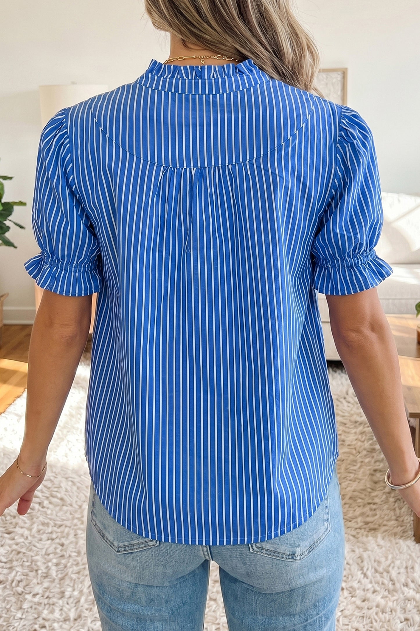 Stripe Ruffle Puff Sleeve Button Front Blouse