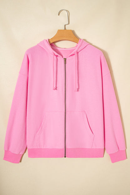 Solid Ribbed Zip-Up Drawstring Hooded Jacket