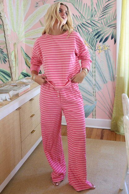 Stripe Drop Shoulder Top & Buttoned Pants Set