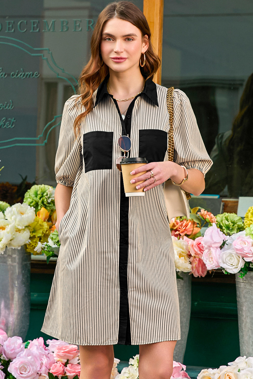 Stripe Patchwork Chest Pocket Mini Shirt Dress