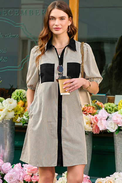 Stripe Patchwork Chest Pocket Mini Shirt Dress