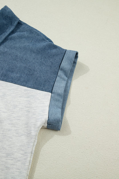 Colorblock Denim Patchwork Buttoned Polo Top