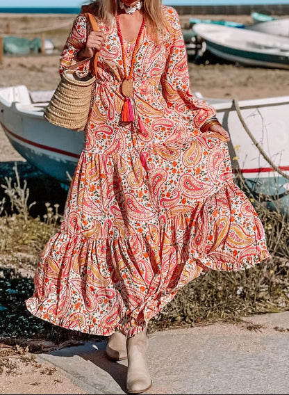 Paisley Long Sleeve Tiered Maxi Dress