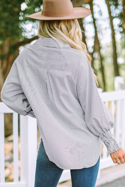 Stripe Smocked Long Sleeve Button-Up Shirt