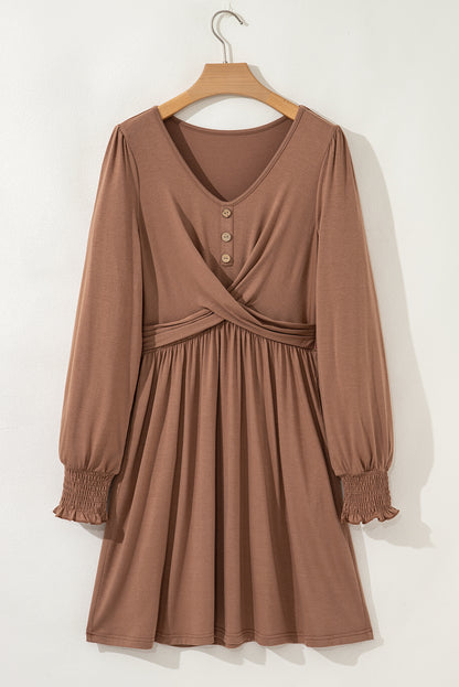 Solid Shirred Cuff Long Sleeve Buttoned Mini Dress