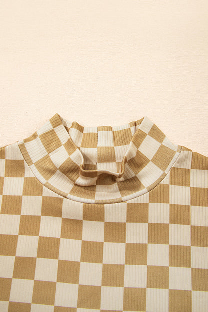 Checker Ribbed Knit Turtleneck Long Sleeve Tee