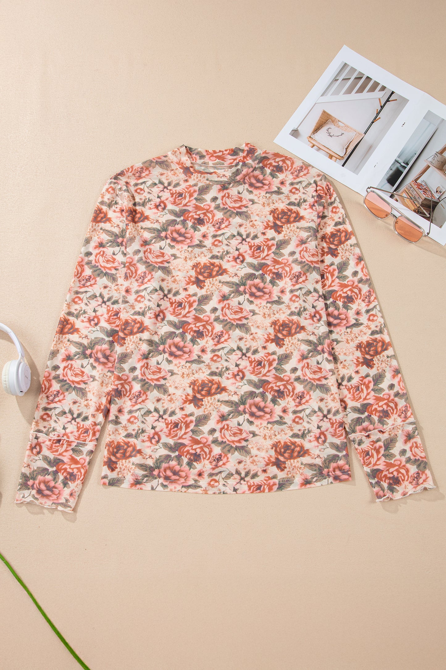 Plus Size Floral Mesh Mock Neck Top
