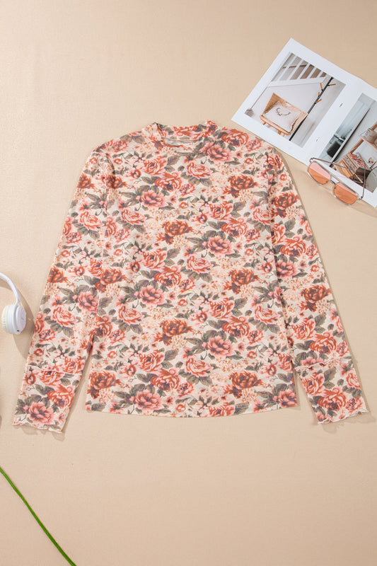 Plus Size Floral Mesh Mock Neck Top