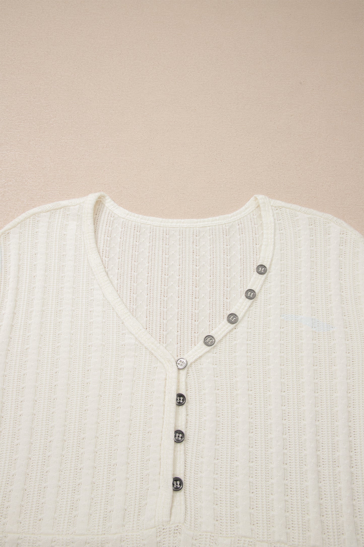 Solid Textured Knit V-Neck Henley Tee