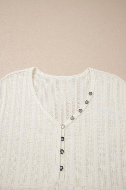 Solid Textured Knit V-Neck Henley Tee