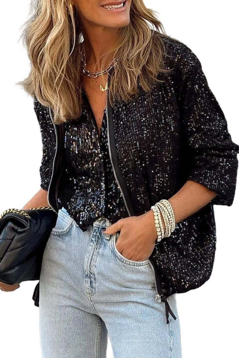 Sequin Round Neck Zipped Jacket