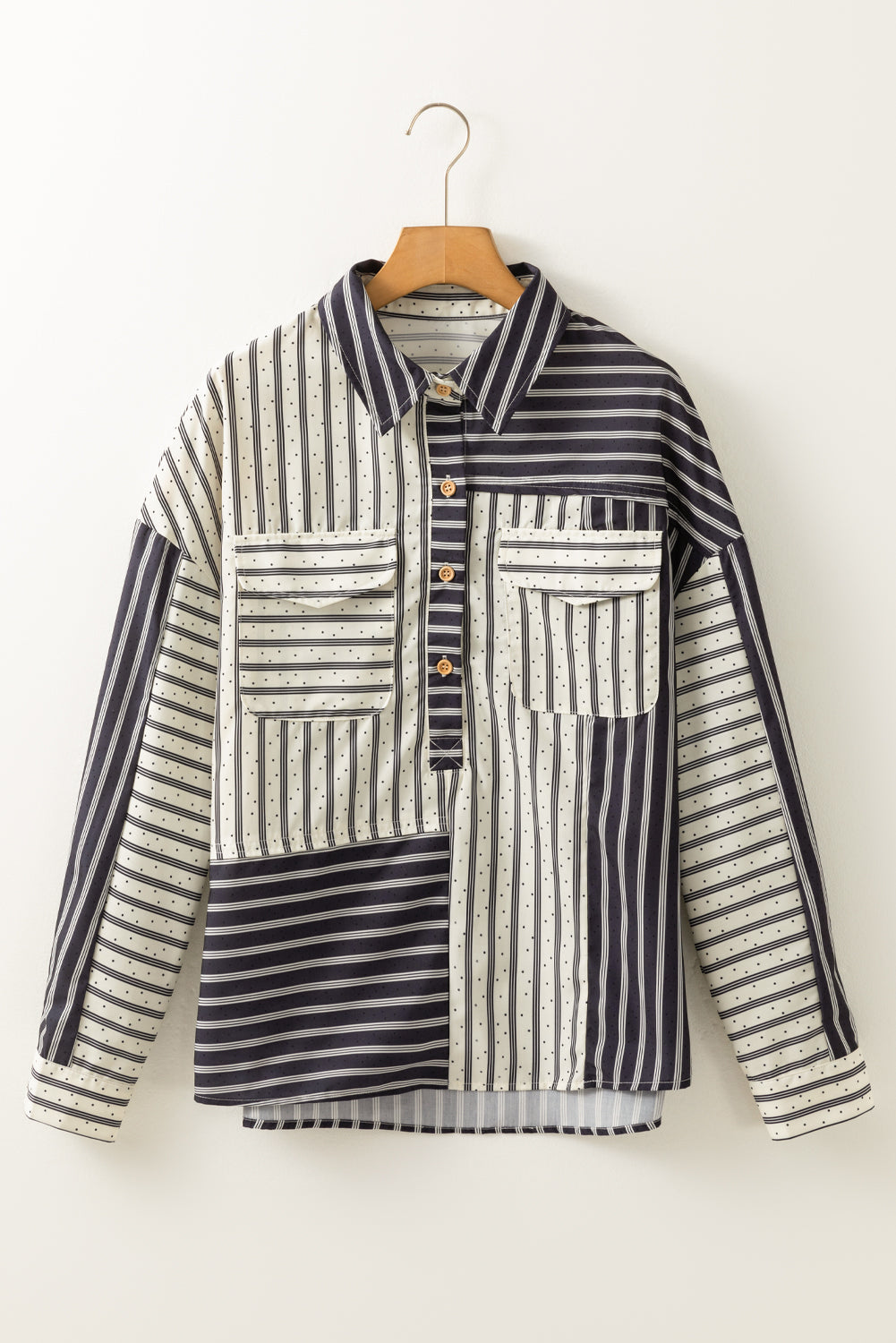 Stripe Patchwork Half Buttoned Blouse