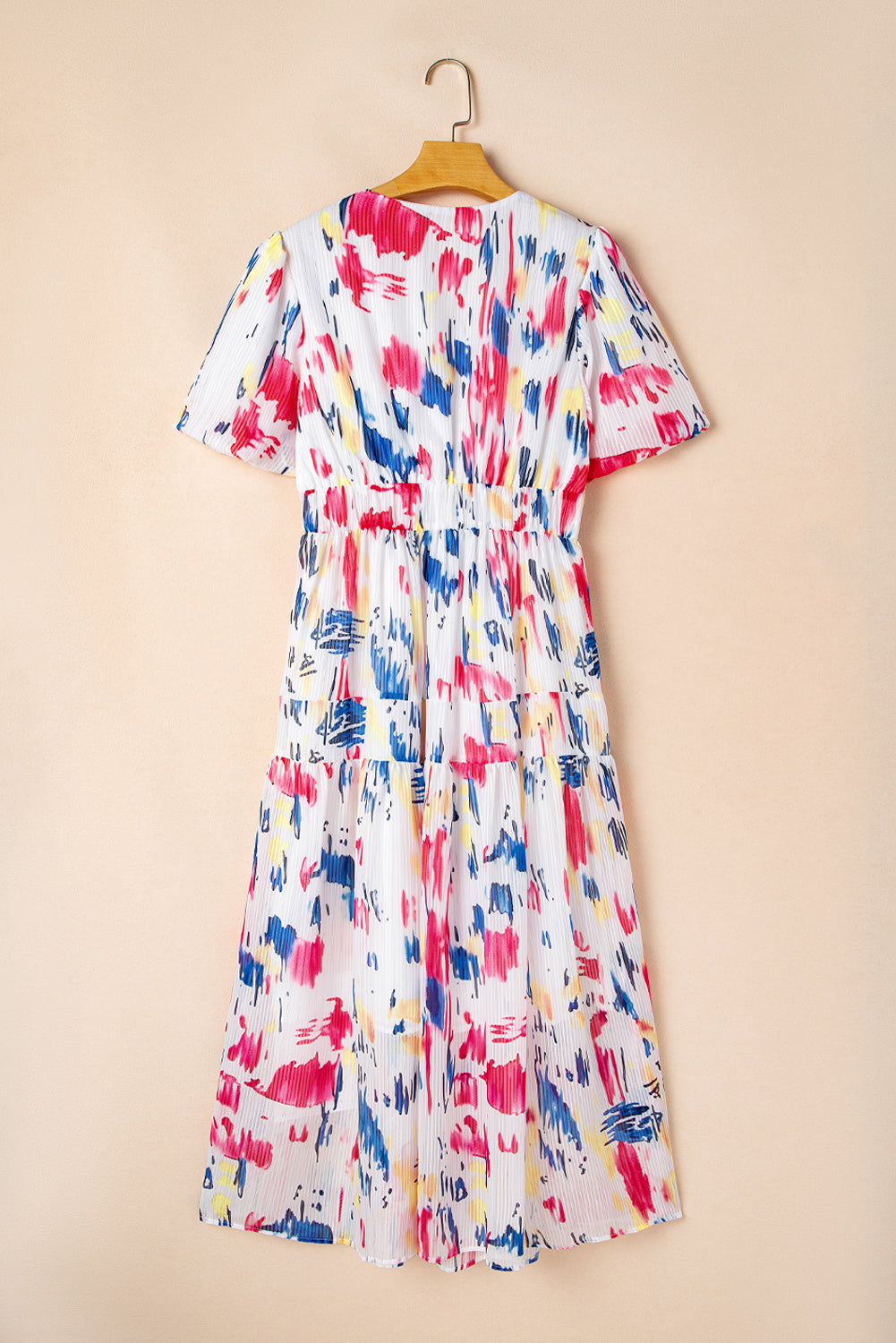 Abstract Short Puff Sleeve Tiered Maxi Dress