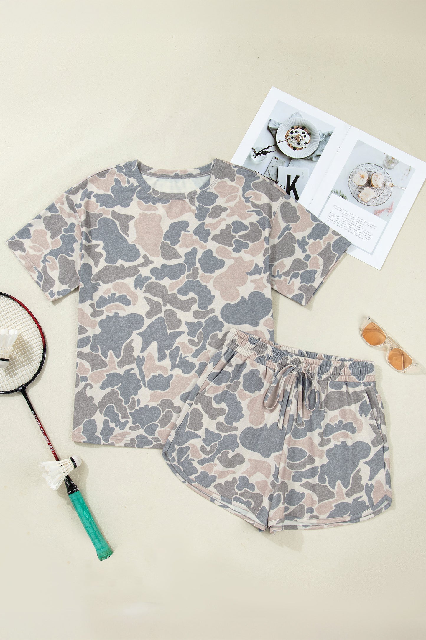 Camo Loose Tee & Drawstring Shorts Set