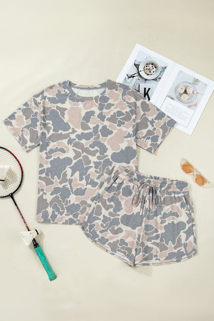 Camo Loose Tee & Drawstring Shorts Set