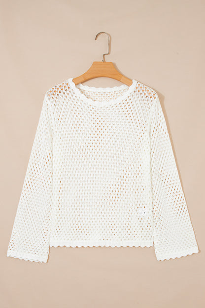 Scalloped Trim Hollow Out Knit Long Sleeve Top