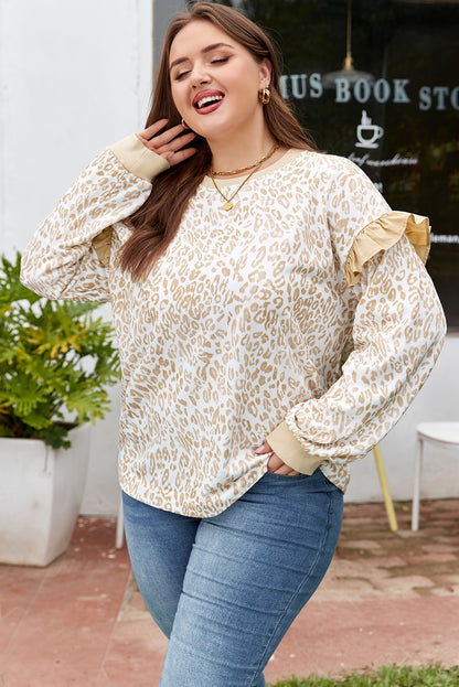 Plus Size Leopard Ruffle Long Sleeve Sweatshirt