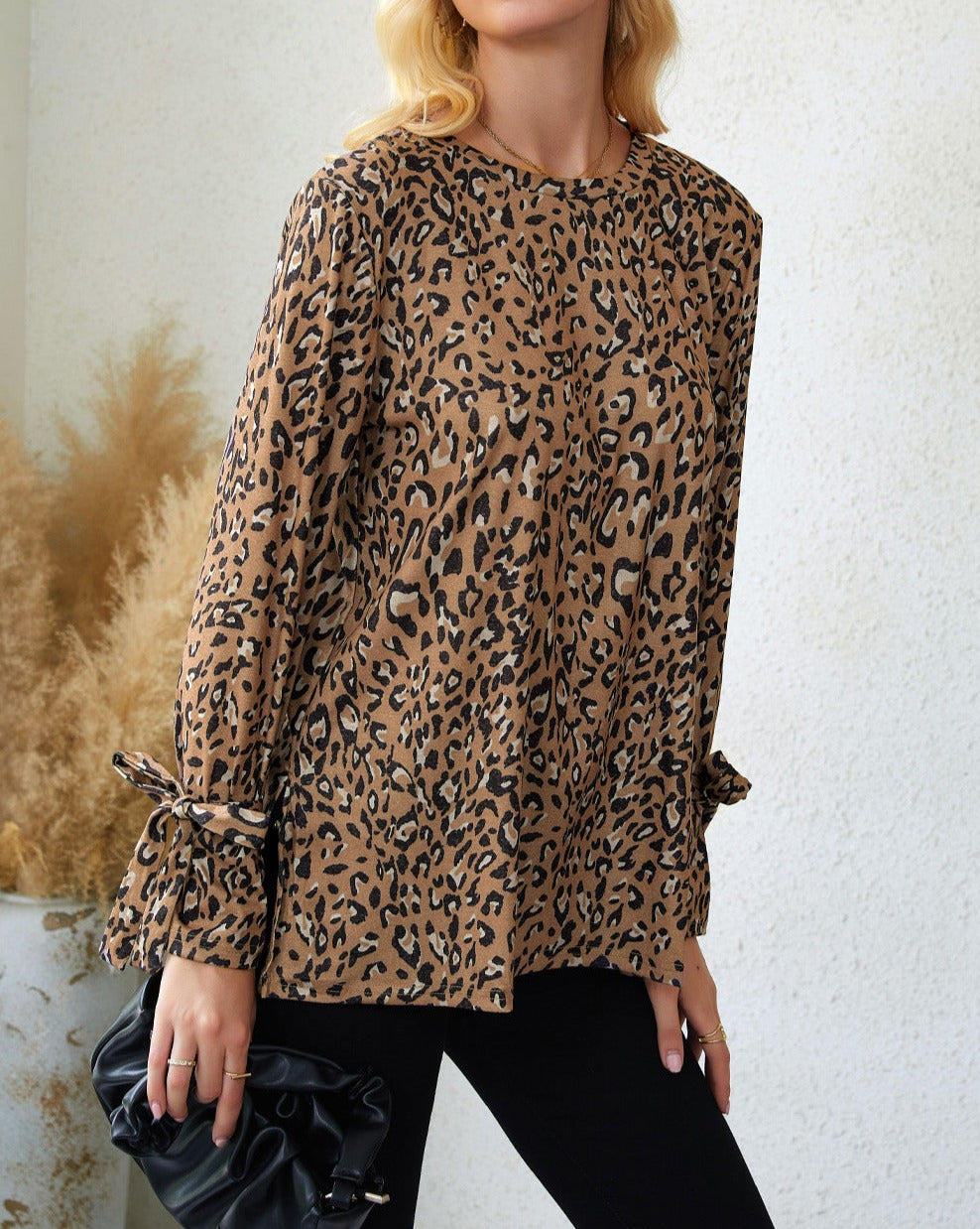 Leopard Bow Long Sleeve Blouse